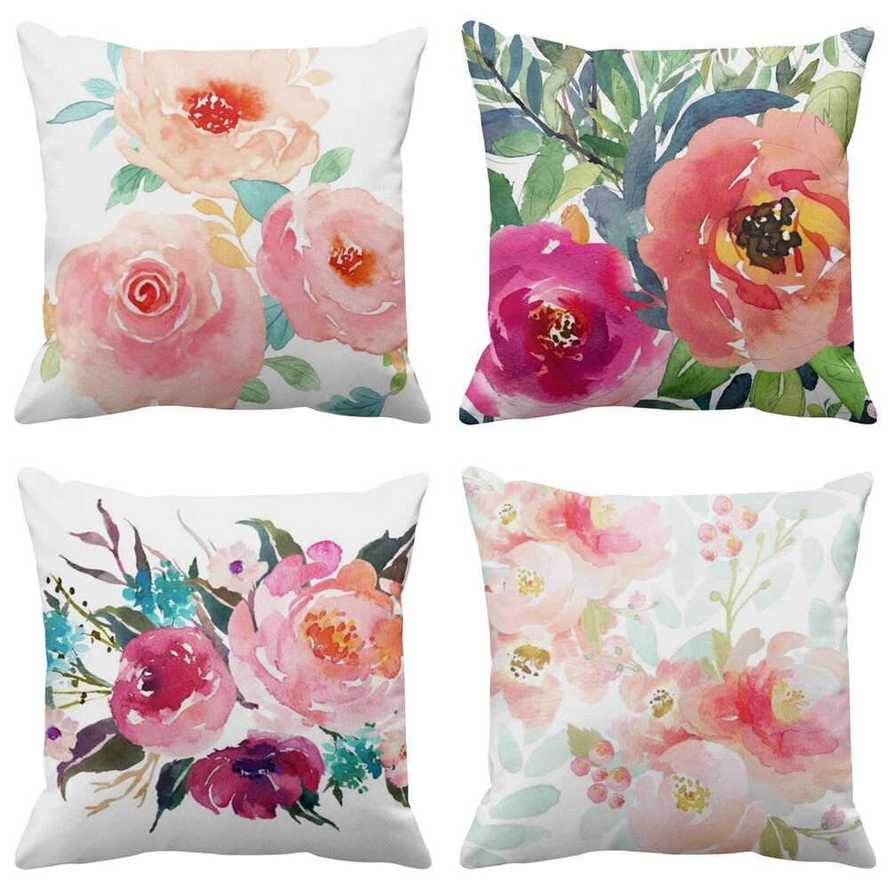 5839 Set of 4 Throw Pillow Covers Peonies Summer Watercolor Floral Pink